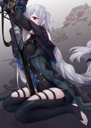Rule 34 | 1girl, absurdly long hair, absurdres, arknights, black bracelet, black gloves, black jacket, black shirt, black shorts, breasts, elbow gloves, gloves, grey hair, highres, infection monitor (arknights), jacket, long hair, looking at viewer, low-tied long hair, medium breasts, open clothes, open jacket, planted, planted sword, planted weapon, red eyes, seiza, shirt, shorts, sitting, skadi (arknights), skadi (elite ii) (arknights), solo, sword, thigh strap, thighs, very long hair, weapon, xo (xo17800108)