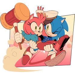 Rule 34 | 1boy, 1girl, amy rose, anchor symbol, animal ears, animal nose, arm up, blue fur, blue hair, blue jacket, blush, bob cut, body fur, border, breasts, buttons, cake, candle, carrying, digimin, double-breasted, dress, dust, feather boa, food, food on head, full body, furry, furry female, furry male, gloves, green eyes, grin, hairband, hammer, hands up, happy, hat, holding, holding hammer, holding weapon, jacket, long dress, long hair, object on head, official art, one eye closed, open mouth, outside border, peaked cap, pink fur, pink hair, princess carry, red dress, red footwear, red hairband, running, sash, shoes, short hair, sidelocks, sideways mouth, small breasts, smile, socks, sonic (series), sonic the hedgehog, surprised, teeth, the murder of sonic the hedgehog, toy hammer, transparent border, weapon, white gloves, white headwear, white socks, wide-eyed