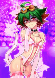 Rule 34 | 1boy, :3, ahoge, animal ears, bad id, bad pixiv id, blush, cat boy, cat ears, cat tail, crossdressing, dyed bangs, goggles, goggles on head, green hair, heart, heart-shaped pupils, jewelry, lingerie, male focus, multicolored hair, necklace, penis, pubic hair, red eyes, red hair, sakaki yuya, shaded face, solo, sweat, symbol-shaped pupils, tail, tears, trap, underwear, yu-gi-oh!, yu-gi-oh! arc-v, zero q
