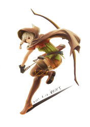 Rule 34 | 1girl, absurdres, arrow (projectile), boots, bow (weapon), braid, brown eyes, cloak, dragon&#039;s crown, elf, elf (dragon&#039;s crown), gloves, highres, hood, hooded cloak, iyokamioto, pointy ears, shorts, simple background, solo, thigh boots, thighhighs, twin braids, weapon
