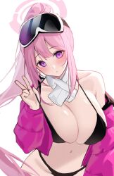 Rule 34 | 1girl, 1yu x, bikini, black bikini, blue archive, blush, breasts, cleavage, closed mouth, eimi (blue archive), eimi (swimsuit) (blue archive), goggles, goggles on head, groin, halo, highres, jacket, large breasts, long hair, looking at viewer, navel, off shoulder, official alternate costume, open clothes, open jacket, pink hair, pink jacket, ponytail, purple eyes, revision, simple background, ski goggles, solo, sweatdrop, swimsuit, v, very long hair, white background