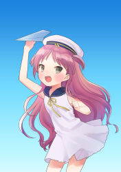 Rule 34 | 1girl, :d, absurdres, arm up, blue background, blue sailor collar, blush, child, clenched hand, commentary, cowboy shot, dress, fang, floating clothes, floating hair, grey eyes, hand up, happy, hat, highres, holding paper airplane, katou umi, long hair, looking at viewer, may salamanya, neck ribbon, open mouth, paper airplane, parted bangs, purple hair, ribbon, sailor collar, sailor dress, sailor hat, short dress, sidelocks, simple background, smile, solo, standing, summer pockets, two side up, very long hair, white dress, white hat, yellow ribbon