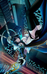 Rule 34 | 1girl, :d, absurdres, ass, black skirt, black thighhighs, blue bow, blue bowtie, blue eyes, bow, bowtie, breasts, building, chain, city, city below, city lights, cityscape, cleavage, detached sleeves, evening, falling, hair intakes, halo, head chain, highres, hololive, hololive english, jewelry, large breasts, looking at viewer, me ao (many blue leaves), mechanical halo, midair, no panties, open mouth, ouro kronii, short hair, sideboob, skirt, smile, solo, thighhighs, virtual youtuber, weapon