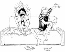 Rule 34 | 2boys, barefoot, couch, lowres, male focus, monkey d. luffy, monochrome, mouth hold, multiple boys, one piece, open mouth, roronoa zoro, shirt, shorts, sitting, striped clothes, striped shirt, t-shirt, triple wielding