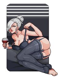 Rule 34 | absurdres, ass, blue eyes, breasts, brushado, cup, drinking glass, feet, hair bun, highres, large breasts, lingerie, looking at viewer, pale skin, pinup (style), roosterteeth, rwby, thong, toeless legwear, toes, underwear, white hair, wine glass, winter schnee