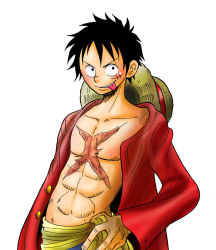 Rule 34 | 1boy, black hair, hand on own hip, hat, unworn headwear, male focus, monkey d. luffy, one piece, open clothes, open shirt, red shirt, sash, scar, shirt, simple background, smile, solo, straw hat, tongue, tongue out