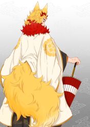 Rule 34 | 1boy, animal ears, bad id, bad twitter id, blonde hair, cape, closed mouth, closed umbrella, colored tips, feet out of frame, floral print, forked eyebrows, fox boy, fox ears, fox tail, from behind, funyori, fur-trimmed cape, fur trim, grey background, highres, holding, holding umbrella, kemonomimi mode, kimetsu no yaiba, long sleeves, looking at viewer, male focus, medium hair, multicolored hair, oil-paper umbrella, profile, red eyes, red hair, rengoku kyoujurou, sideways glance, smile, solo, standing, streaked hair, tail, umbrella, white cape