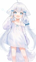 Rule 34 | 1girl, :d, ahoge, animal ears, arm at side, bare shoulders, blue bow, blue eyes, bow, collarbone, contrapposto, dress, fang, feet out of frame, floppy ears, fluffy, frilled dress, frills, hair bow, hand up, highres, knees, light blush, long hair, long sleeves, looking at viewer, low twintails, multiple hair bows, off-shoulder dress, off shoulder, open mouth, original, puffy long sleeves, puffy sleeves, ribbon, short dress, simple background, skin fang, sleeves past wrists, smile, solo, standing, straight-on, tail, twintails, v, very long hair, wangyq, white background, white dress, white hair