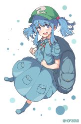 Rule 34 | 1girl, absurdres, backpack, bag, blue eyes, blue footwear, blue hair, blue skirt, boots, fang, full body, green hat, hair bobbles, hair ornament, hat, highres, hop3, kawashiro nitori, key, looking at viewer, open mouth, pocket, rubber boots, short sleeves, sidelocks, simple background, skirt, smile, solo, touhou, two side up, white background