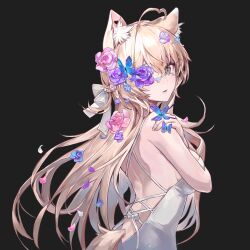 Rule 34 | 1girl, absurdres, ahoge, animal ear fluff, animal ears, black background, blonde hair, bow, breasts, bug, butterfly, cat ears, cat girl, cat tail, crossed bangs, double-parted bangs, dress, flower, grey eyes, hair between eyes, hair bow, hair flower, hair ornament, hand on own shoulder, highres, insect, large breasts, lee jooin, long hair, looking at viewer, open mouth, pink flower, purple flower, simple background, solo, tail, twice12314, v-lup, very long hair, virtual youtuber, white bow, white dress
