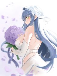 Rule 34 | 1girl, 1z10, back, blue hair, blush, bouquet, breasts, bridal veil, closed mouth, dress, floral background, flower, girls&#039; frontline, green eyes, highres, hk416 (girls&#039; frontline), hk416 (moonlit devotion) (girls&#039; frontline), holding, holding bouquet, holding flower, large breasts, long hair, looking to the side, sideboob, smile, solo, teardrop facial mark, teardrop tattoo, veil, wedding dress, white background, white dress