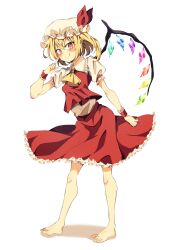 Rule 34 | 1girl, :q, absurdres, arm at side, ascot, barefoot, blonde hair, bow, closed mouth, commentary request, crystal, eyelashes, feet, flandre scarlet, food as clothes, frilled cuffs, frilled skirt, frills, full body, hair between eyes, hand up, hat, hat bow, highres, index finger raised, looking at viewer, medium hair, mob cap, puffy short sleeves, puffy sleeves, red bow, red eyes, red skirt, red vest, red wrist cuffs, seika okawari, shirt, short sleeves, side ponytail, simple background, skirt, smile, solo, split mouth, standing, toes, tongue, tongue out, touhou, vest, white background, white shirt, wings, wrist cuffs, yellow ascot