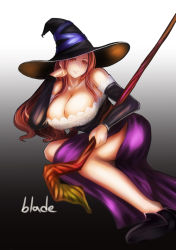 Rule 34 | 1girl, bare shoulders, breasts, cleavage, detached sleeves, dragon&#039;s crown, dress, female focus, gradient background, hat, large breasts, long hair, qblade, red eyes, red hair, side slit, solo, sorceress (dragon&#039;s crown), staff, strapless, strapless dress, witch hat