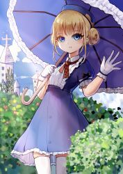 Rule 34 | 1girl, absurdres, alternate costume, azur lane, blonde hair, blue eyes, blue hat, blue sky, bush, center frills, chinese commentary, church, cloud, collared dress, commentary request, cross, day, dhy-232, double bun, dress, frilled dress, frilled sleeves, frills, gloves, grin, hair bun, hat, highres, le triomphant (azur lane), looking at viewer, neck ribbon, outdoors, parasol, red ribbon, ribbon, short hair, short sleeves, sky, smile, solo, standing, sunlight, thighhighs, umbrella, white gloves, white thighhighs