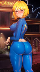Rule 34 | 1girl, artist name, ass, back, bad id, bad pixiv id, blue pants, blue shirt, blush, bob cut, breasts, building, covered erect nipples, drooling, fallout (series), fallout 4, from behind, half-closed eyes, heart, heart-shaped pupils, heart in eye, highres, key, charm (object), large breasts, licking lips, looking at viewer, looking back, midriff, mob face, naughty face, neon lights, night, orange hair, outdoors, panties, pants, panty straps, shiny clothes, shirt, short hair, skin tight, solid oval eyes, solo, standing, sweat, symbol-shaped pupils, symbol in eye, taut clothes, taut pants, thong, time paradox, tongue, tongue out, tungsten (kwfr4544), turtleneck, twisted torso, twitter username, underwear, vault girl, vault suit, whale tail (clothing)
