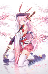 Rule 34 | 1girl, animal ears, arm up, bare shoulders, benghuai xueyuan, black footwear, blue eyes, blurry, boots, branch, breasts, cherry blossoms, closed mouth, depth of field, detached sleeves, fox ears, full body, hair between eyes, highres, holding, holding sword, holding weapon, honkai (series), japanese clothes, katana, kimono, knee boots, kneeling, large breasts, long hair, long sleeves, looking at viewer, obi, petals, pink hair, pink skirt, pleated skirt, quan (kurisu tina), rabbit ears, red ribbon, reflection, ribbon, ribbon-trimmed legwear, ribbon trim, sash, serious, sheath, short kimono, sideboob, skirt, solo, striped clothes, striped skirt, sword, tassel, thighhighs, thighs, unsheathing, vertical-striped clothes, vertical-striped skirt, very long hair, water, weapon, white background, white kimono, wide sleeves, yae sakura, yae sakura (benghuai xueyuan), yae sakura (gyakushinn miko), zettai ryouiki