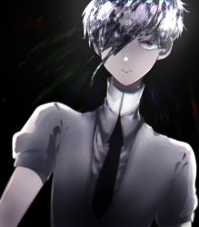 Rule 34 | 1other, androgynous, antarcticite, colored eyelashes, crystal hair, dark background, expressionless, gem uniform (houseki no kuni), glowing, glowing hair, grey eyes, hair over one eye, houseki no kuni, kanmiya (amamia06-16), long bangs, looking at viewer, necktie, short hair, solo, upper body, white hair