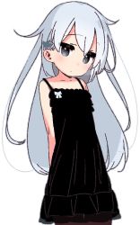 Rule 34 | 1girl, alternate costume, arms behind back, black dress, cowboy shot, dress, flat chest, frilled dress, frills, grey eyes, head tilt, hibiki (kancolle), kantai collection, long hair, looking at viewer, simple background, solo, standing, white background, white hair, yoru nai