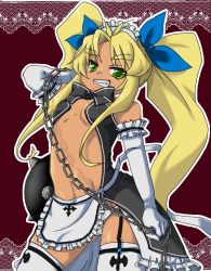 Rule 34 | 1girl, bad id, bad pixiv id, ball and chain (weapon), blonde hair, fang, flat chest, garter straps, green eyes, juliet (vanpri), maid, maid headdress, midriff, panties, pantyshot, ribbon, solo, source request, spiked ball and chain, thighhighs, twintails, underwear, vanguard princess