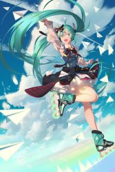 Rule 34 | ahoge, aqua eyes, aqua footwear, aqua hair, aqua nails, arm up, black jacket, blue sky, bow, chinese commentary, clothes around waist, cloud, cloudy sky, commentary request, day, dress, frilled dress, frills, full body, gold trim, hair ornament, hatsune miku, headphones, highres, jacket, jacket around waist, leg up, legs, long hair, long sleeves, looking to the side, magical mirai (vocaloid), nail polish, open mouth, outdoors, paper airplane, plaid, pointing, rainbow, ribbon, roller skates, shirt, skates, sky, sleeveless, sleeveless shirt, surreal, twintails, very long hair, vocaloid, vofan, white dress