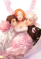 Rule 34 | 1girl, 2boys, absurdres, bad id, bad pixiv id, bare shoulders, black hair, bouquet, boy sandwich, breasts, brown eyes, brown hair, carrying, cleavage, dress, elbow gloves, closed eyes, facial mark, flower, formal, gloves, hair flower, hair ornament, happy, hatake kakashi, highres, mole, mole under mouth, multiple boys, naruto (series), naruto shippuuden, noeunjung93, nohara rin, one eye closed, orange hair, sandwiched, scar, short hair, silver hair, smile, suit, uchiha obito, wedding, wedding dress, white suit