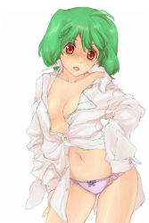 Rule 34 | 1girl, ahoge, bad id, bad pixiv id, blush, bow, bow panties, breasts, cleavage, collarbone, green hair, loose clothes, loose shirt, macross, macross frontier, michudx, navel, no bra, panties, ranka lee, red eyes, shirt, short hair, simple background, solo, unbuttoned, underwear