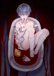 Rule 34 | 1boy, absurdres, arknights, bath, bath of blood, bathing, bathtub, bishounen, black nails, blood, blood on face, blood splatter, finger to mouth, green eyes, highres, licking, licking finger, looking at viewer, male focus, mephisto (arknights), nail polish, open clothes, realsami, rubber duck, severed hand, shirt, short hair, solo, thighhighs, thighs, white hair, white shirt