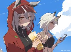Rule 34 | 2girls, :t, alternate costume, animal ears, arknights, black one-piece swimsuit, black shirt, bodysuit, cat ears, cellphone, cloud, commentary, cup, dated commentary, diving suit, ears through headwear, green eyes, grey hair, highres, holding, holding cup, holding phone, hood, hood up, jacket, kal&#039;tsit (arknights), kyou 039, looking at phone, looking at viewer, multiple girls, official alternate costume, one-piece swimsuit, open clothes, open jacket, phone, projekt red (arknights), projekt red (light breeze) (arknights), red jacket, shirt, short hair with long locks, smartphone, swimsuit, tail, tiara, twitter username, upper body, wetsuit, wolf ears, wolf girl, wolf tail, wristband, yellow eyes