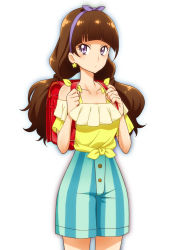 Rule 34 | 1girl, 4x4=16, amanogawa kirara, backpack, bad id, bad pixiv id, bag, bare shoulders, blunt bangs, brown hair, earrings, go! princess precure, hair ribbon, hairband, headband, jewelry, long hair, md5 mismatch, precure, purple eyes, ribbon, short sleeves, shorts, simple background, solo, star (symbol), star earrings, striped clothes, striped shorts, twintails, white background