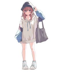 Rule 34 | 1girl, absurdres, aoi tori, bag, blue footwear, blush, brown hair, closed mouth, collarbone, drawstring, full body, grey bag, grey headwear, hand up, highres, hood, hoodie, long hair, looking at viewer, multicolored clothes, multicolored hoodie, original, oversized clothes, purple eyes, shoulder bag, sidelocks, simple background, sleeves past wrists, solo, white background
