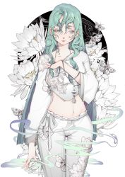 Rule 34 | 1girl, absurdres, aqua hair, blue eyes, breast cutout, breasts, bug, closed mouth, flower, highres, insect, large breasts, long hair, looking away, midriff, mole, mole under eye, moth, navel, original, pants, ribbon, simple background, solo, standing, tu yi