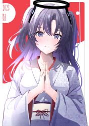 Rule 34 | 1girl, blue archive, blush, breasts, closed mouth, collarbone, cowboy shot, hair between eyes, halo, highres, japanese clothes, kimono, long hair, long sleeves, looking at viewer, mechanical halo, medium breasts, obi, purple eyes, purple hair, sash, smile, solo, touyou (39kir), two side up, white kimono, wide sleeves, yuuka (blue archive)