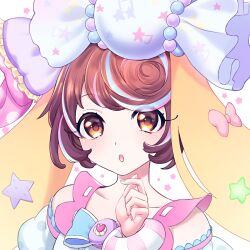 Rule 34 | 1girl, animal ears, blue hair, blue nails, blush, brown eyes, brown hair, candy lapin (show by rock!!), dress, looking at viewer, lop rabbit ears, mel6969, multicolored hair, open mouth, pink hair, rabbit ears, rabbit girl, short hair, show by rock!!, solo, white background, white dress