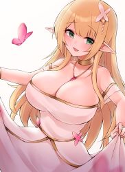 Rule 34 | 1girl, absurdres, blonde hair, blush, breasts, bug, butterfly, cleavage, collarbone, commentary request, dress, elf, green eyes, highres, insect, jewelry, lagijay, large breasts, opera, original, pointy ears, simple background, smile, white background