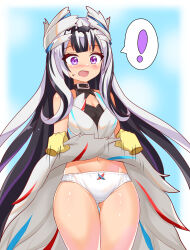 Rule 34 | !, 1girl, black hair, blush, bow, bow panties, clothes lift, cougar (cougar1404), cowboy shot, crotch seam, disembodied hand, dress, dress lift, fire emblem, fire emblem engage, frown, gluteal fold, grey dress, groin, halterneck, headgear, lifting another&#039;s clothes, long hair, looking to the side, medium skirt, motion blur, multicolored hair, navel, nintendo, open mouth, panties, purple eyes, skirt, sleeveless, sleeveless dress, solo, spoken exclamation mark, standing, sweatdrop, thigh gap, two-tone hair, underwear, very long hair, veyle (fire emblem), white hair, white headwear, white panties