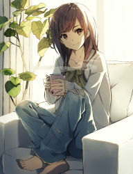 Rule 34 | 1girl, armchair, barefoot, blue pants, brown eyes, brown hair, chair, closed mouth, collarbone, commentary request, crossed ankles, curtains, day, denim, fumio (kanmi), green shirt, head tilt, highres, holding, holding mug, indoors, jacket, jeans, looking at viewer, open clothes, open jacket, original, pants, plant, shirt, sitting, smile, solo, steam, sunlight, torn clothes, torn jeans, torn pants, white jacket, window