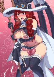 Rule 34 | 1futa, areola slip, bare shoulders, black eyes, black gloves, black thighhighs, blush, braid, breasts, bulge, claws, cleavage, covered erect nipples, cum, ejaculation, erection, erection under clothes, fairy tail, futanari, gloves, handsfree ejaculation, hat, holding, holding staff, irene belserion, knees together feet apart, lactation, large breasts, large penis, loincloth, long hair, midriff, navel, nipple slip, nipples, open mouth, penis, red hair, scar, scar on stomach, solo, staff, sweat, teeth, testicles, thighhighs, witch hat, zheng