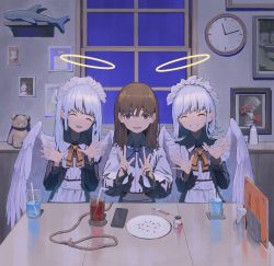 Rule 34 | 3girls, absurdres, analog clock, angel, angel wings, apron, blue eyes, bow, brown hair, clock, closed eyes, commentary, cup, drinking glass, drinking straw, flower, halo, hands up, highres, kenharu, long sleeves, maid, maid apron, medium hair, multiple girls, neck ribbon, noose, open hand, open hands, open mouth, orange ribbon, original, photo (object), pill, plant, potted plant, ribbon, shark, short hair, silver hair, smile, stuffed animal, stuffed toy, syringe, table, teddy bear, tissue, window, wings
