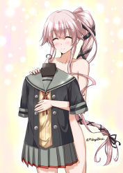 Rule 34 | 10s, 1girl, buttons, censored, covering privates, grey sailor collar, grey skirt, hair between eyes, kantai collection, long hair, mikage takashi, nude cover, pink hair, pleated skirt, ponytail, sailor collar, short sleeves, skirt, smile, solo, twitter username, very long hair, yura (kancolle), yura kai ni (kancolle)
