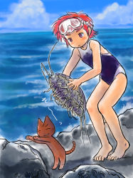 Rule 34 | 1girl, animal, bare arms, bare shoulders, barefoot, beach, blush, breasts, cat, cloud, creature, crustacean, day, diving mask, dot nose, expressionless, flat chest, full body, goggles, highres, isopod, light blush, ocean, one-piece swimsuit, outdoors, red hair, sky, small breasts, swimsuit, tagme