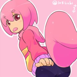 Rule 34 | 1girl, ass, blush, blush stickers, creatures (company), eyebrows, fukurou (owl222), game freak, gen 1 pokemon, hood, hoodie, lickitung, looking back, lowres, nintendo, panties, panties under pantyhose, pantyhose, pantylines, personification, pink background, pink eyes, pink hair, pokemon, short hair, simple background, solo, tail, tongue, tongue out, underwear