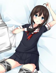 Rule 34 | 10s, 1girl, absurdres, ahoge, bed, blue eyes, blush, braid, brown hair, gloves, hair ornament, hair ribbon, hand on own chest, highres, kantai collection, looking at viewer, lying, on back, open mouth, pleated skirt, ribbon, school uniform, serafuku, shigure (kancolle), short sleeves, single braid, skirt, solo, tsuchikure