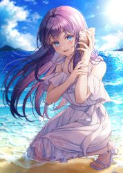 Rule 34 | 1girl, :d, absurdres, beach, blue eyes, blue sky, collarbone, day, dress, hair blowing, highres, holding, holding shell, iyar, kneeling, lens flare, long hair, looking at viewer, ocean, on one knee, open mouth, original, outdoors, purple hair, seashell, shell, sky, sleeveless, sleeveless dress, smile, solo, sun, sundress, wet, wet clothes, wet dress, white dress, white footwear