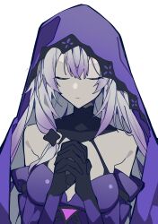 Rule 34 | 1girl, absurdres, bare shoulders, black gloves, black swan (honkai: star rail), breasts, closed eyes, commentary request, detached sleeves, dress, facing viewer, gloves, grey hair, highres, honkai: star rail, honkai (series), long hair, medium breasts, own hands together, purple dress, simple background, solo, upper body, veil, very long hair, vixsi art, white background