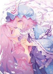 Rule 34 | 2girls, azuma aya, blue headwear, blue kimono, blush, cherry blossoms, closed mouth, dual persona, frilled kimono, frilled sleeves, frills, hat, highres, japanese clothes, kimono, long hair, long sleeves, mob cap, multiple girls, pink eyes, pink hair, pink kimono, profile, saigyouji yuyuko, saigyouji yuyuko (living), short hair, smile, touhou, triangular headpiece, wide sleeves