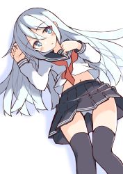 Rule 34 | 1girl, :o, absurdres, anchor symbol, arm up, black sailor collar, black skirt, black thighhighs, blue eyes, blush, clothes lift, commentary request, feet out of frame, grey hair, hair between eyes, hand up, hibiki (kancolle), highres, ichi (ichi.colors), jewelry, kantai collection, long hair, long sleeves, midriff, navel, neckerchief, panties, parted lips, pleated skirt, red neckerchief, ring, sailor collar, shirt, shirt lift, skirt, skirt lift, solo, thighhighs, underwear, undone neckerchief, undone neckwear, very long hair, wedding band, white background, white panties, white shirt