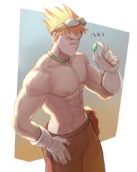 Rule 34 | 1boy, abs, absurdres, arbbun, bara, character request, commentary request, copyright request, feet out of frame, gem, goggles, goggles on head, highres, large pectorals, male focus, muscular, muscular male, navel, nipples, orange pants, pants, pectorals, short hair, solo, spiked hair, stomach, topless male