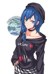 Rule 34 | 1girl, adapted costume, black hat, black skirt, blue eyes, blue hair, bright pupils, character name, choker, clothes writing, collarbone, commentary request, earrings, hair over shoulder, hat, hecatia lapislazuli, hecatia lapislazuli (earth), hood, hoodie, jewelry, koissa, long sleeves, looking at viewer, plaid, plaid skirt, simple background, skirt, solo, touhou, white background