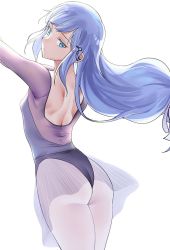 Rule 34 | 1girl, arched back, ass, athletic leotard, back, backless leotard, backless outfit, backlighting, blue eyes, blue leotard, breasts, closed mouth, commentary request, cowboy shot, expressionless, from behind, hair ornament, hairclip, head tilt, highres, idolmaster, idolmaster million live!, idolmaster million live! theater days, leotard, long hair, long sleeves, looking at viewer, looking back, nakamura rohane, outstretched arms, pantyhose, see-through, shiraishi tsumugi, shoulder blades, sidelocks, silver hair, simple background, small breasts, solo, standing, tutu, very long hair, white background, white pantyhose