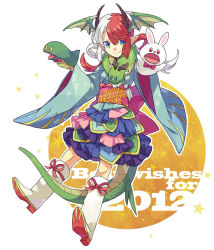 Rule 34 | 10s, 1girl, 2012, blue eyes, boots, dragon girl, dragon horns, dragon tail, dragon wings, ebira, green eyes, hand puppet, head wings, heterochromia, horns, japanese clothes, monster girl, multicolored hair, new year, original, puppet, red hair, scarf, solo, split-color hair, tail, two-tone hair, white hair, wings
